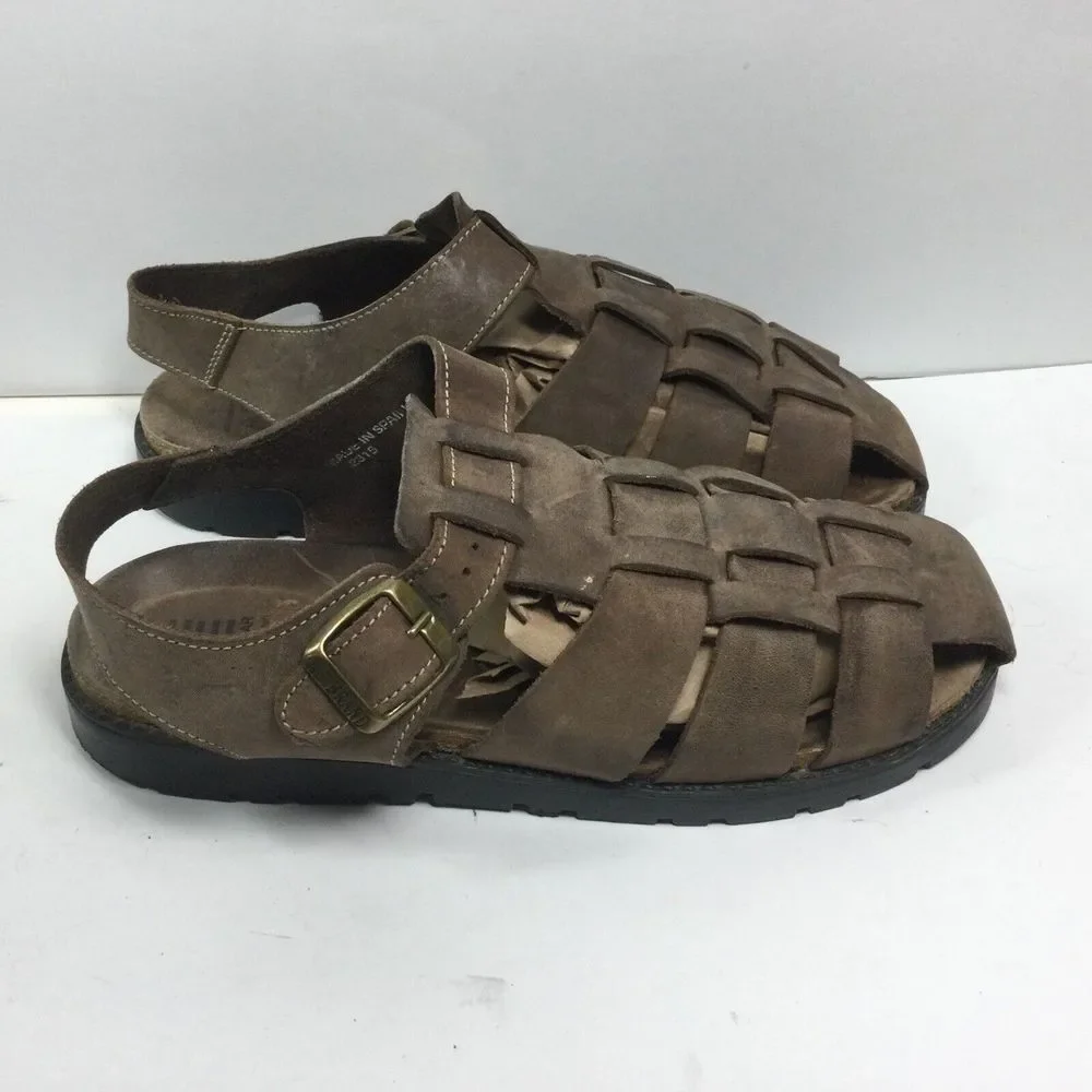 AE Brand Footgear brown leather mens‎ Sandals Size 10 fisherman strap Made Spain